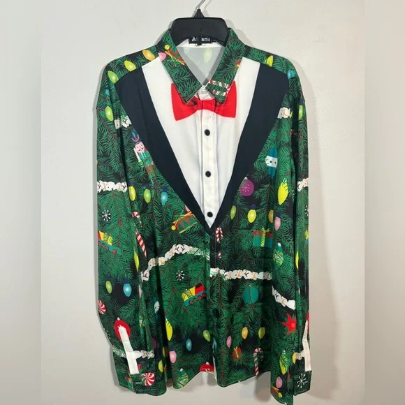 Atlanl Christmas Tuxedo Print Button Down Shirt Men’s XXL Holiday Party - Picture 1 of 12